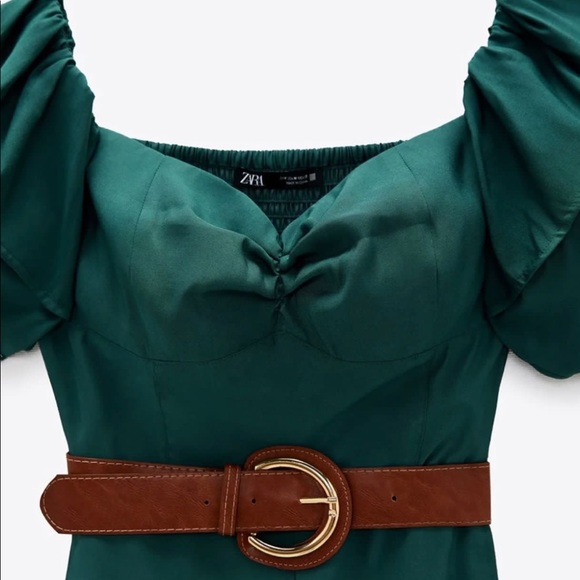 NWT Zara Belted Jumpsuit Puff Shoulder Green Color - Picture 6 of 7